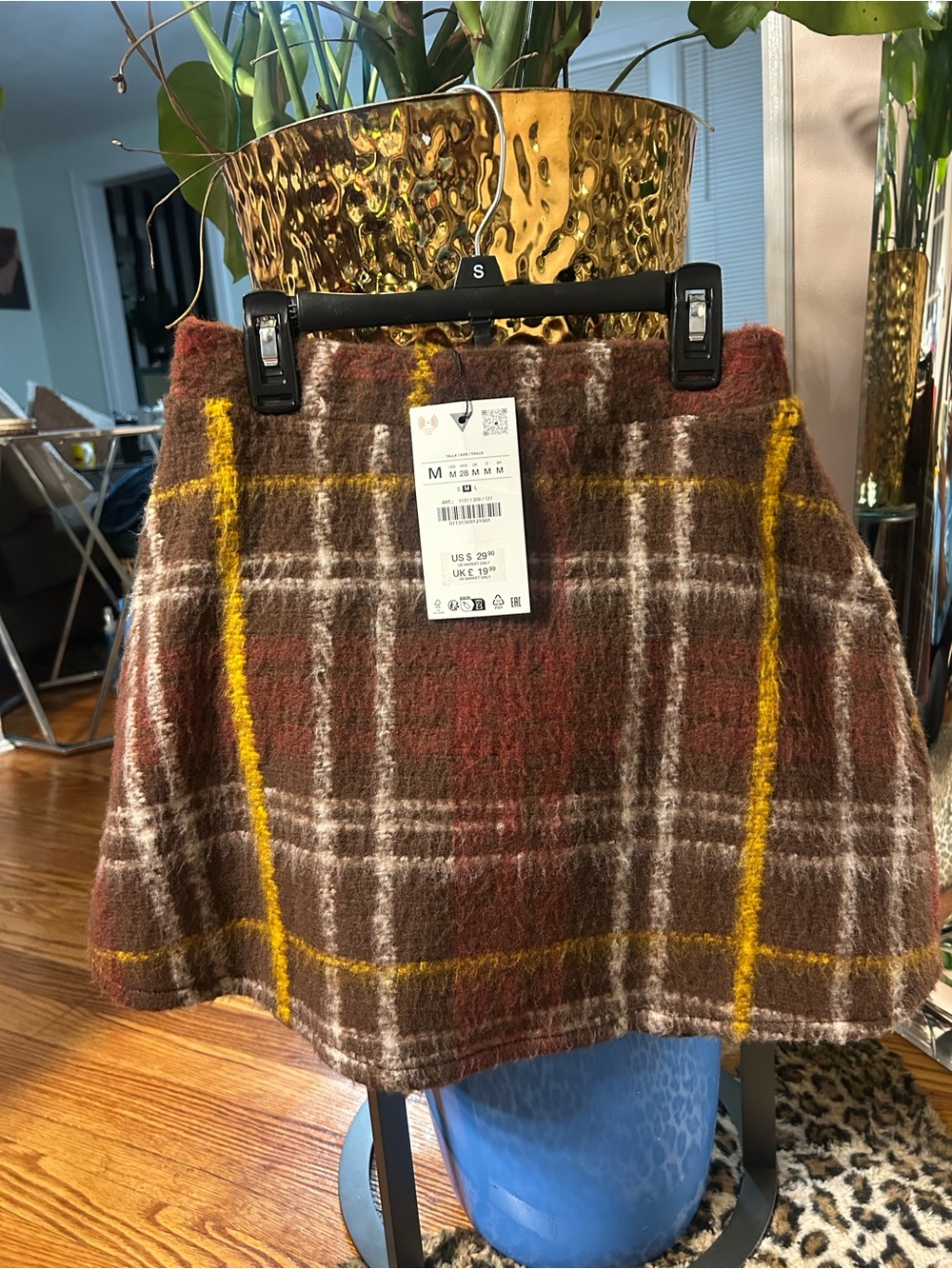 Zara Brown Plaid A-Line Mini Skirt with Yellow Accents